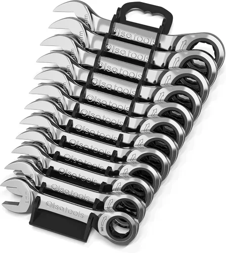 Vista 9 de Olsa Tools Juego de llaves de trinquete rechonchas, 12 piezas, cabezal flexible métrico, extremo de caja de 6 puntos, 120 dientes, funciona en 12