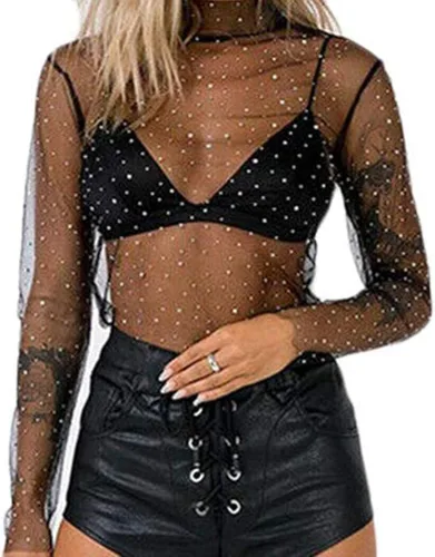 Vista 3 de Camisas sexys transparentes para mujer, de malla transparente, con lentejuelas, manga larga, cuello alto, blusa transparente E Gril Streetwear
