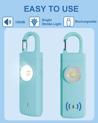 Vista 2 de Alarma de seguridad personal recargable para mujeres, sonido de sirena fuerte, luz LED estroboscópica SOS, carga USB, llavero de alarma personal Agua