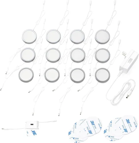 Vista 8 de EShine Luces de disco para debajo del gabinete con sensor de onda manual, luces LED circulares para gabinete, regulables, paquete de 3, blanco