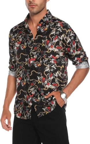 Vista 3 de EISHOPEER Camisas de vestir de lujo para hombre, estampado floral, casual, ajustada, manga larga, con botones