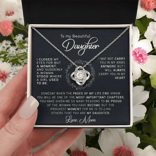Vista 2 de John-dhh Collar con texto en inglés "To My Beautiful Daughter", regalo de mamá a hija, collar de nudo de amor, regalo de graduación, regalo