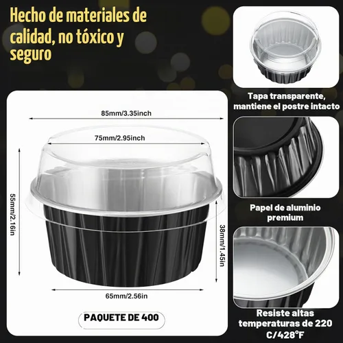 Vista 2 de Gejoy - 400 tazas para hornear de papel de aluminio con tapas, 5 onzas, clásico, negro