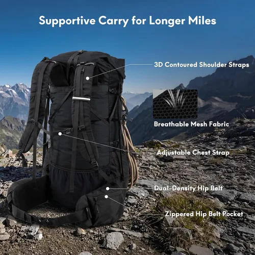 Vista 4 de Haimont Paquete de mochilero enrollable de 40L+15L con cubierta para lluvia, negro