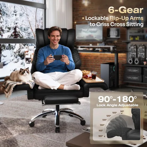 Vista 5 de Silla de oficina ergonómica con reposapiés, silla de escritorio con patas cruzadas con brazos abatibles, asiento de resorte más ancho y grueso