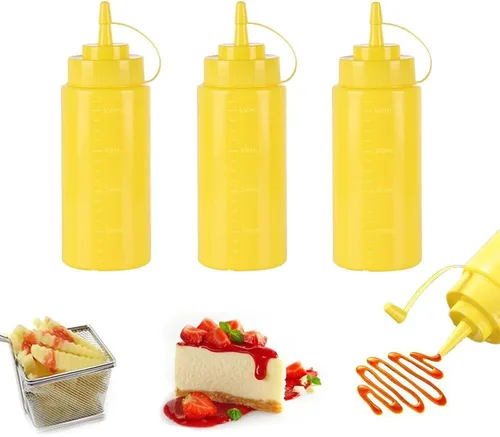 Vista 10 de Botellas de plástico de 3 colores de 12 onzas, botellas para apretar condimentos, botella multiusos para salsa de tomate, aceite, mermelada, salsa