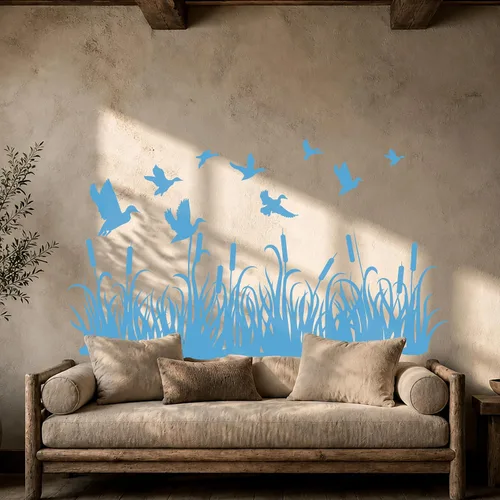 Vista 6 de Vinilo adhesivo para pared, diseño de patos de caza, prado, hierba, naturaleza, mural, decoración grande (g3785), color negro