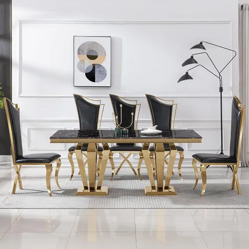 Vista 6 de Mesa de comedor de mármol negro para 4, 6, 70 pulgadas, moderna mesa de comedor de cocina dorada con base de acero inoxidable con diseño