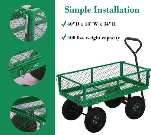 Vista 4 de Carrito de jardín de acero resistente, carrito utilitario para patio, carrito utilitario para césped al aire libre con lados extraíbles y ruedas