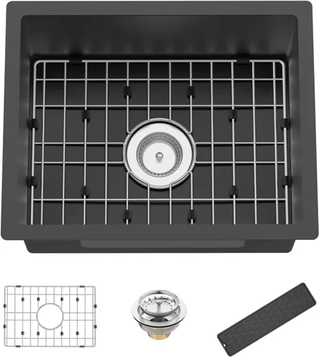 Vista 9 de Fregadero negro de cocina y bar, fregadero de cocina de acero inoxidable de 20 x 16 pulgadas, moderno fregadero de barra de montaje en la parte