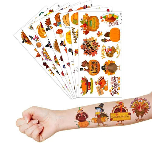 Vista 3 de Tatuajes temporales de Feliz Acción de Gracias, Hola Otoño Otoño Decoración de Fiesta de Cumpleaños Suministros Favores Decoración 96 Piezas Lindas