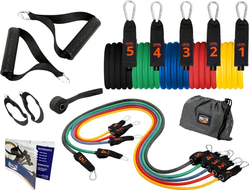 Vista 7 de Brazyn Kit de bandas de resistencia con asas, juego de 12 bandas con bolsa de viaje, guía, correas de tobillo y anclaje de puerta