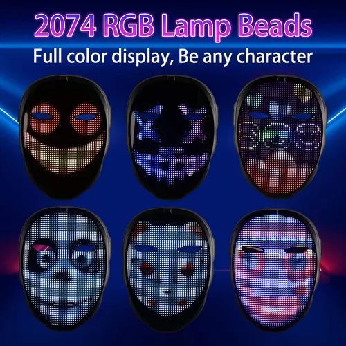 Vista 2 de Máscara LED transformadora facial con aplicación controlada - Máscara LED programable para Halloween máscara luminosa digital para disfraces fiesta