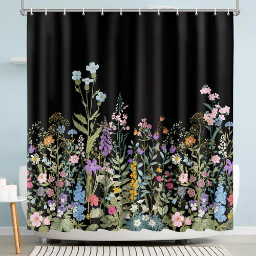 Vista 7 de Cortina de ducha Lalumix negra floral, cortinas de ducha con flores para baño con 12 ganchos, juegos de cortinas de ducha de tela de poliéster