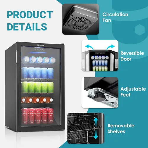 Vista 6 de EUHOMY Refrigerador de bebidas, mini refrigerador para 125 latas con puerta de vidrio para refrescos, cerveza o vino, enfriador de bebidas