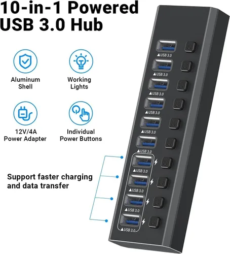 Vista 2 de Hub USB 3.0 alimentado de aluminio de 10 puertos USB 3.0 Hub de datos con adaptador de corriente de 12V/4A (48W) e interruptores individuales