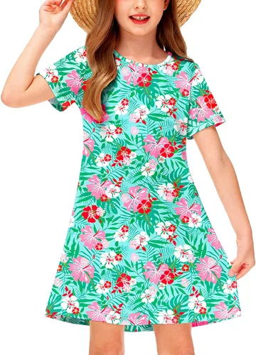 Vista 18 de Deerose Kids Summer Short Sleeve Dresses Hawaiian Tshirt Sundress 3-14 Years Coconut trees