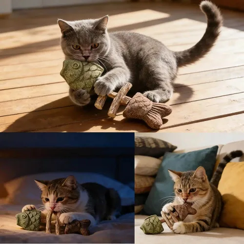 Vista 4 de 3 piezas de juguetes masticables dentales para gatos purridentes para limpieza de dientes y control de bolas de pelo