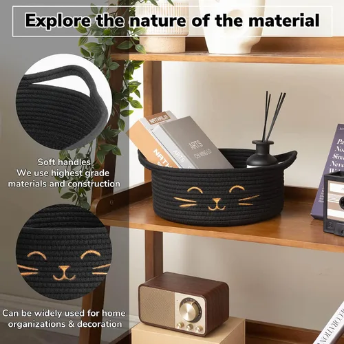 Vista 3 de Cesta pequeña de almacenamiento, cesta de juguetes para mascotas negra y linda para gatos, perros, cesta de cuerda decorativa para organizar, cesta