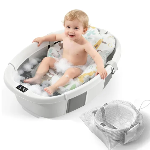 Vista 8 de TOSGN Bañera plegable para bebé, 3 segundos para instalar, bañera para bebé con cojín suave y termómetro, bañera para recién nacidos de 0 a 36 Azul