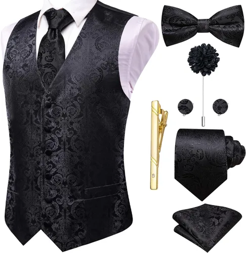 Vista 23 de Hi-Tie Chaleco de traje de seda para hombre, corbata y corbatín de solapa, clip de corbata dorado, chaleco floral de cachemira, 8 piezas, conjunto