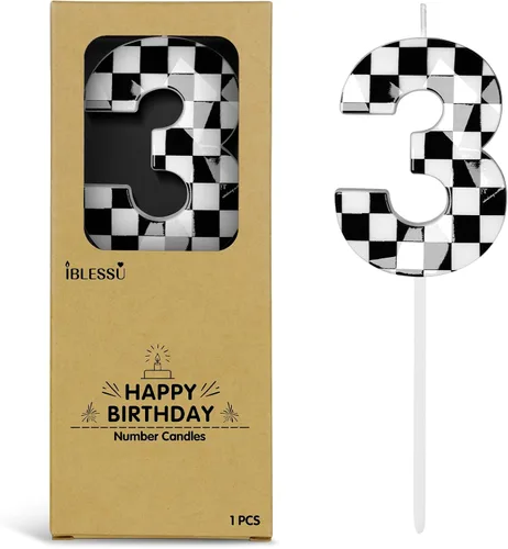 Vista 18 de Velas de cumpleaños de autos de carreras número 1, velas de cumpleaños a cuadros negros y blancos de 2.68 pulgadas, velas con números con temática