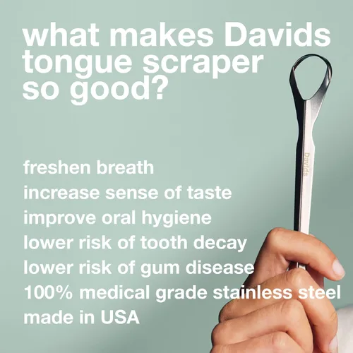 Vista 7 de Davids Raspador de lengua para adultos y niños, raspador de lengua profesional de acero inoxidable 100% de grado médico, fabricado en Estados Unidos