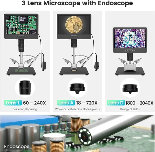 Vista 2 de Andonstar AD249S-M Microscopio digital HDMI de 3 lentes 2000x con endoscopio, grabación de video UHD 2160P LCD de 10.1 pulgadas, microscopio