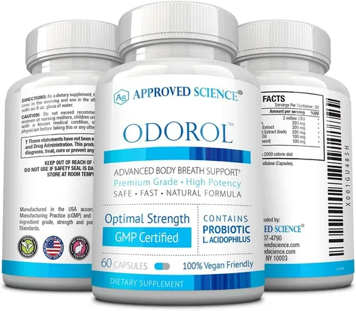 Vista 4 de Approved Science Odorol - Refresca el mal aliento y el olor corporal, 3 botellas, 60 cápsulas por botella