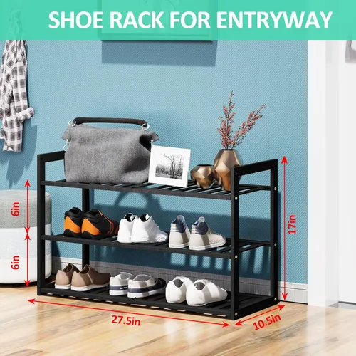 Vista 2 de Jripae Zapatero de bambú para entrada, estante organizador de zapatos apilable de 3 niveles, almacenamiento para 9-12 pares de zapatos, soporte