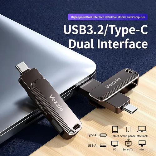 Vista 2 de Vezzio Unidades flash USB de 32 GB 2 en 1 OTG USB 3.2+ tipo C Dual USB, memoria de diseño giratorio para iPhone 15/16/17 Series, iPad, teléfono