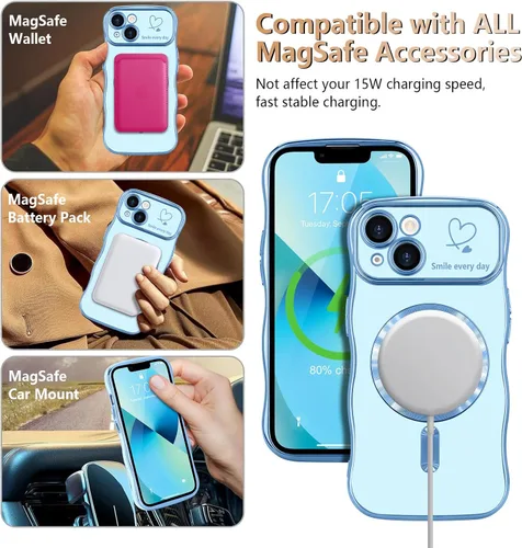 Vista 5 de LCHULLE - Funda magnética para iPhone 13 para mujeres y niñas, con forma ondulada, color azul bebé [Compatible with MagSafe] Cute Curly Wave, Love