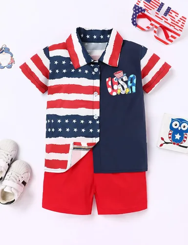 Vista 2 de Conjunto de ropa de verano para el 4 de julio, para el Día de la Independencia, camisa y pantalones cortos