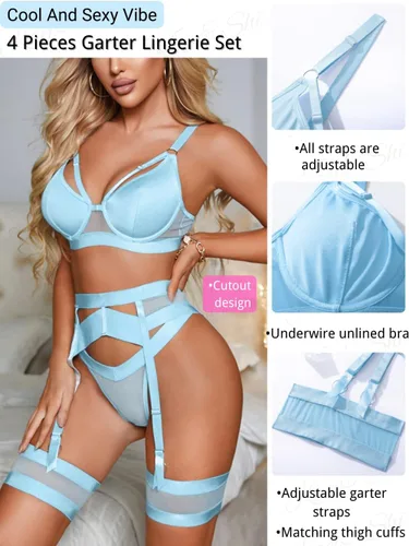 Vista 101 de Kaei&Shi - Lencería con liguero para mujer, conjunto de encaje traslúcido y sexy de 4 piezas combinadas