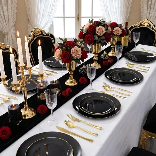Vista 7 de YOUBET 125 piezas de platos de plástico negros y dorados - Platos desechables negros con borde dorado - Incluye 25 platos de cena, 25 platos