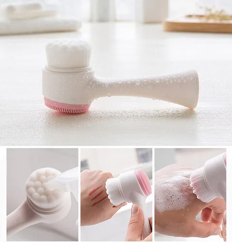 Vista 4 de Cepillo facial 2 en 1 para limpieza y exfoliación, cepillo limpiador facial, cepillo de limpieza facial suave de doble cara, cepillo de limpieza