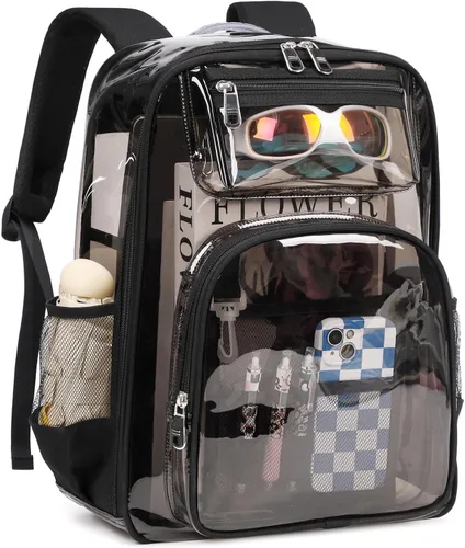 Vista 2 de Mochila transparente TPU resistente, mochila escolar aprobada por estadios, control de seguridad rápida transparente, Negro-semitransparente