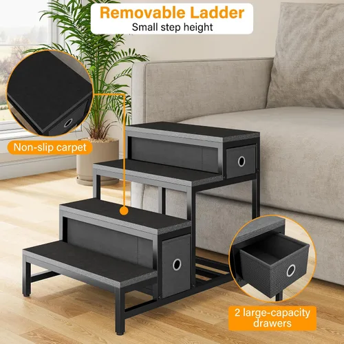 Vista 7 de kepptory Litera para mascotas con escaleras y almacenamiento, camas para perros fijadas a la cama humana, cuna para perros y gatos pequeños, Negro