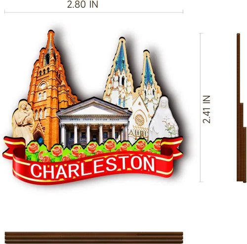 Vista 3 de Imán de madera de Charleston de Estados Unidos 3D para nevera, recuerdos coleccionables, decoraciones artesanales hechas a mano