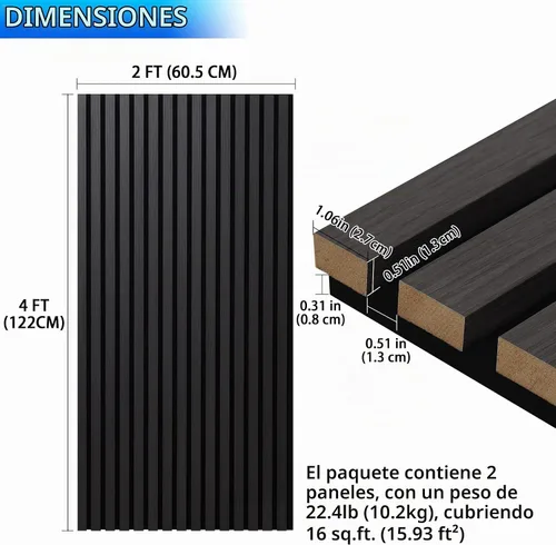 Vista 2 de Paneles de pared acústicos con listones 3D con acento de acabado de madera, paquete de 2 paneles absorbentes de sonido para estudio, oficina, sala