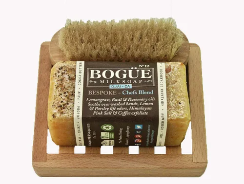 Vista 3 de Jabón de leche de cabra Bogue, exfoliante de sal y café rosa del Himalaya, neutralizador de olores limón y perejil, nutritivo citronela, albahaca