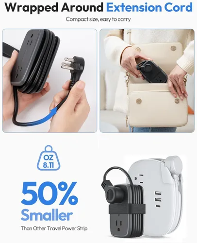 Vista 4 de NTONPOWER - Regleta de alimentación de viaje con puertos USB, enchufe plano de 4 pies envuelto alrededor de cable de extensión corto con 4 tomas, 3