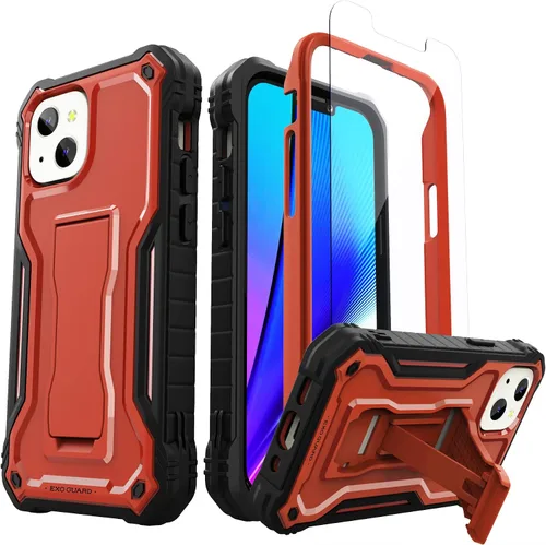 Vista 9 de ExoGuard Compatible con iPhone 13 Mini, funda de goma a prueba de golpes de cuerpo completo con protector de pantalla de vidrio templado, soporte