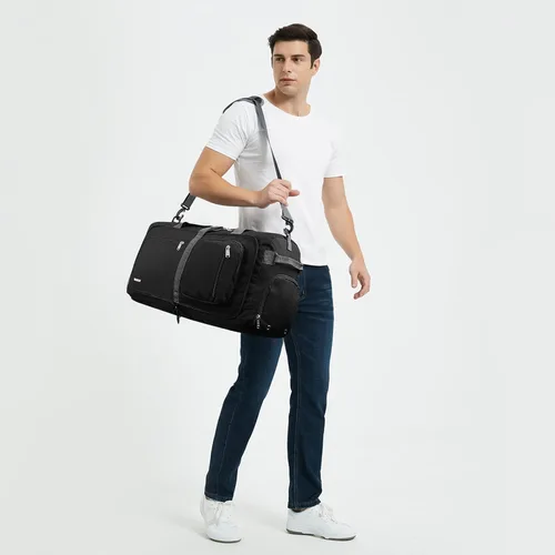 Vista 3 de WANDF Bolsa de lona plegable de 65 litros con bolsillo húmedo y compartimento para zapatos, lona de viaje para hombres y mujeres, resistente al agua
