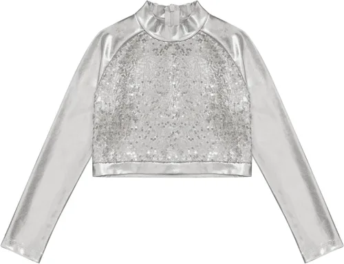 Vista 3 de Camiseta deportiva de manga larga para niñas pequeñas y grandes, con cuello alto falso, para ballet, gimnasia, yoga, animadoras, bailar