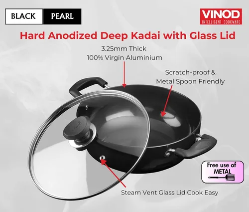 Vista 5 de Vinod Kadai anodizado duro con tapa de acero inoxidable, 1.6 litros