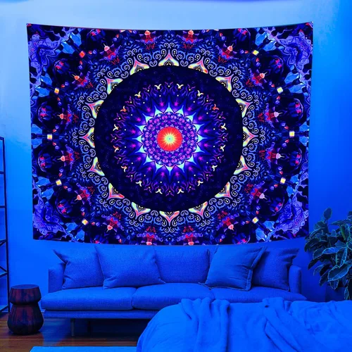 Vista 4 de OSVINO Tapiz de mandala trippy de luz negra, 59 x 51 pulgadas, tapiz de fantasía reactiva a los rayos UV, decoración de pared para sala de estar