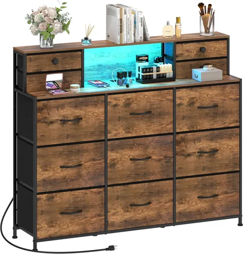 Vista 10 de Cómoda negra con estación de carga y luces LED de 13 cajones, cómodas para dormitorio, cómodas largas y baúles de cajones para sala de estar