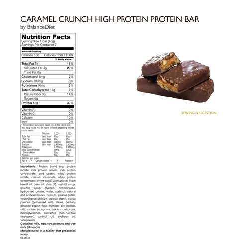 Vista 3 de BalanceDiet™ Barra de proteínas 0.53 oz de proteína Bajo en carbohidratos Caja de 7 barras (nuez de caramelo)