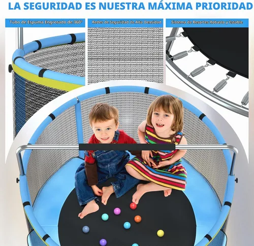 Vista 5 de Cama elástica para niños con malla de encierro, cama elástica mini para interiores y exteriores con barra de gimnasia ajustable, aro de baloncesto